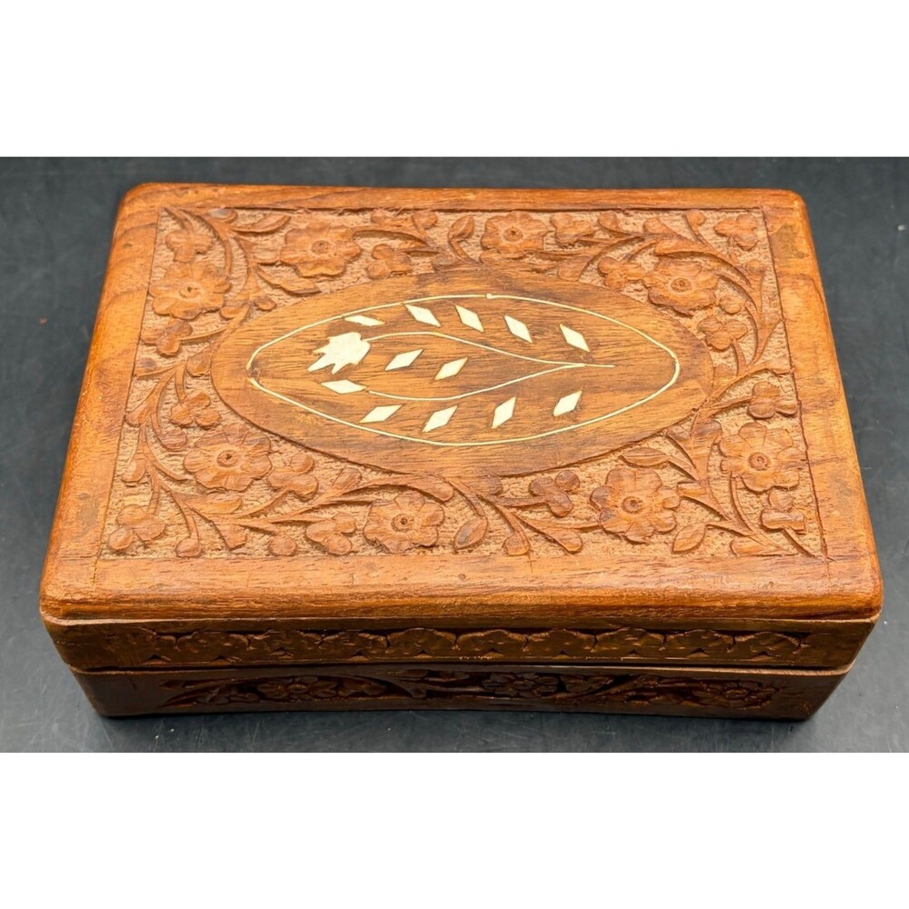 Vintage Hand Carved Wooden Jewelry Trinket Box India